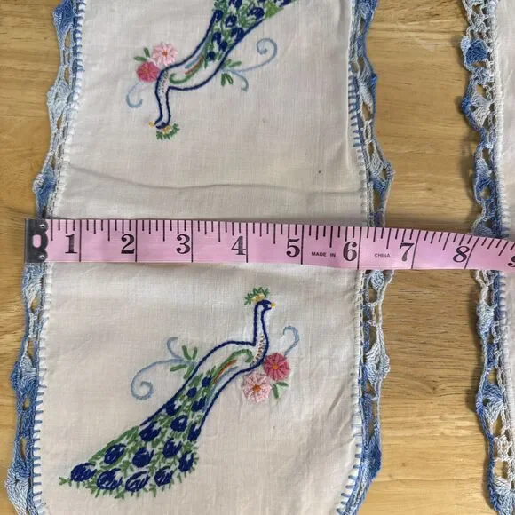 VTG Embroidered White Dresser Scarf Table Peacock Bird Flowers 39x14 Set Of 4 - Picture 12 of 16